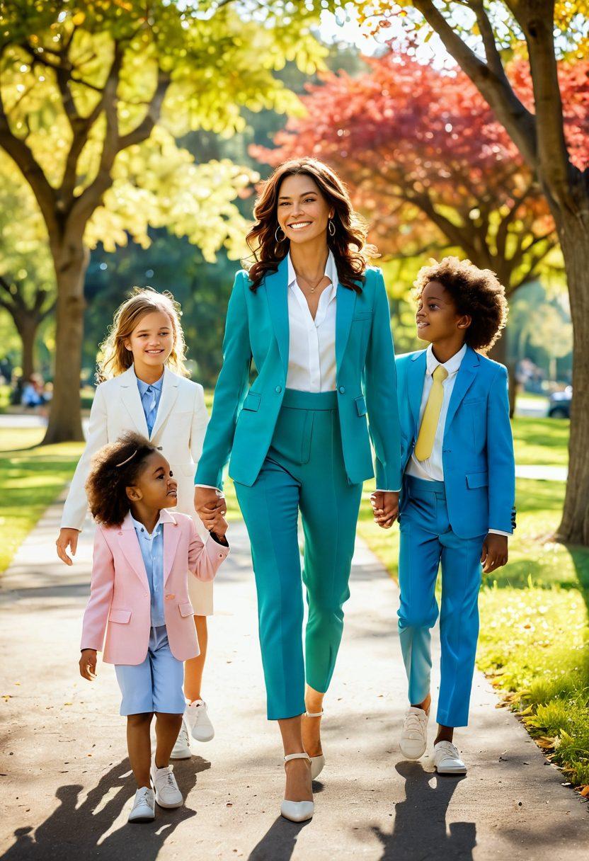 A stylish mom confidently wearing a chic two-piece suit, surrounded by playful children in a vibrant park setting. The scene captures both elegance and warmth, showcasing the balance of fashion and parenting. Soft sunlight filtering through the trees, adding a dreamy atmosphere. The overall color palette is bright and inviting. super-realistic. vibrant colors. vivid background.